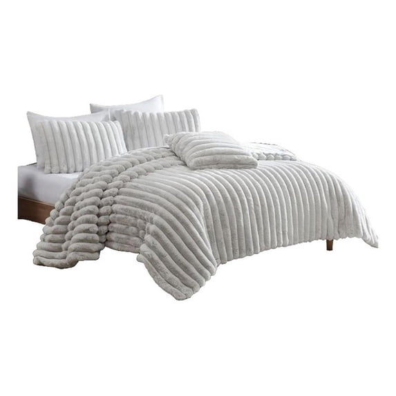 Benjara Sieno 4pc King Comforter Set- Gray Faux Fur and Micro Mink Backing