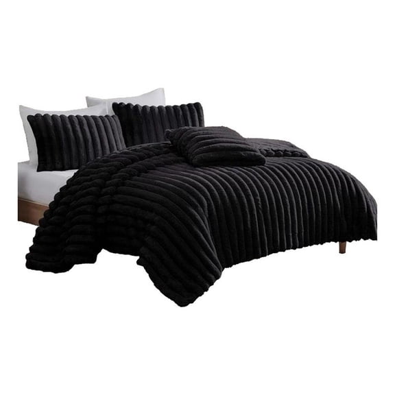 Benjara Sieno 4pc King Comforter Set- Shams- Black Faux Fur- Micro Mink Back