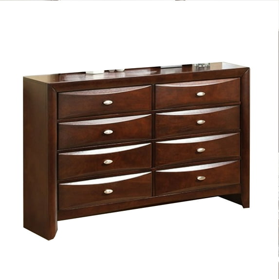 Simo Wide Dresser, Nickel Metal Knobs, 8 Drawers, Cherry Brown Solid Wood