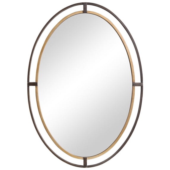 Sleek Open Double Metal Frame Oval Mirror, Rustic Bronze- Saltoro Sherpi