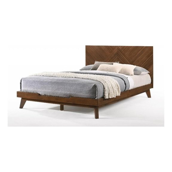 Soer Queen Bed- Chevron Pattern Tall Headboard- Walnut Brown Solid Wood