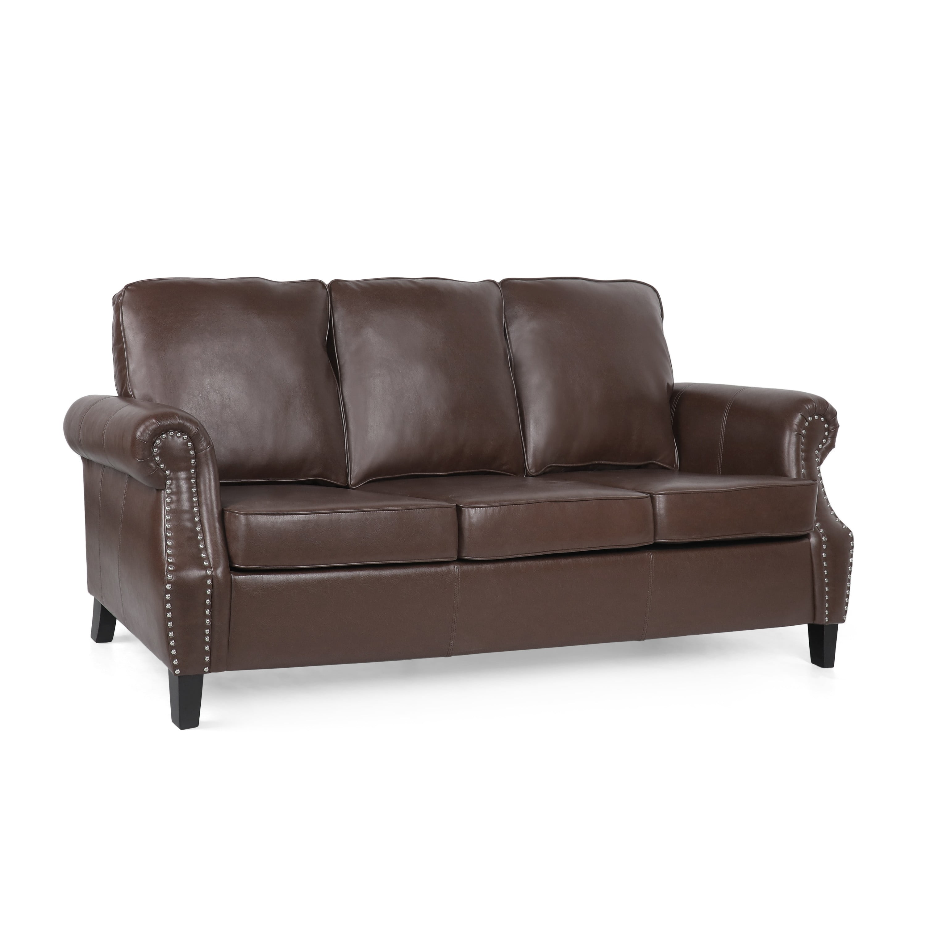 Sofa, 80 Inch 3-Seater, Nailhead Trim, Birch Wood, Brown Faux Leather