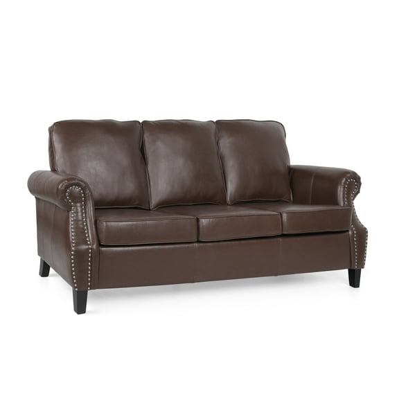 Sofa, 80 Inch 3-Seater, Nailhead Trim, Birch Wood, Brown Faux Leather