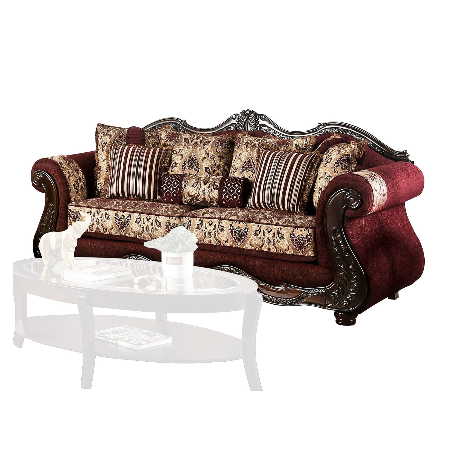 Benjara Sofa with Paisley Fabric and Ornate Details, Red and Brown