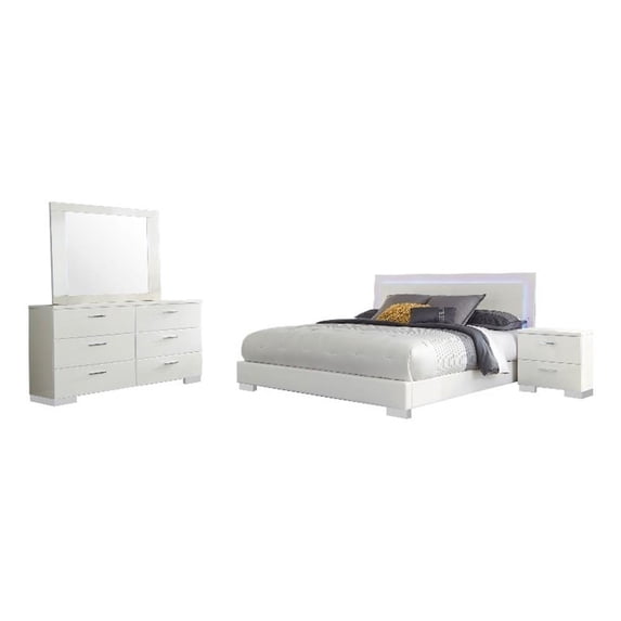 Sok 4pc Queen Bedroom Set- Faux Leather Upholstery- High Gloss White