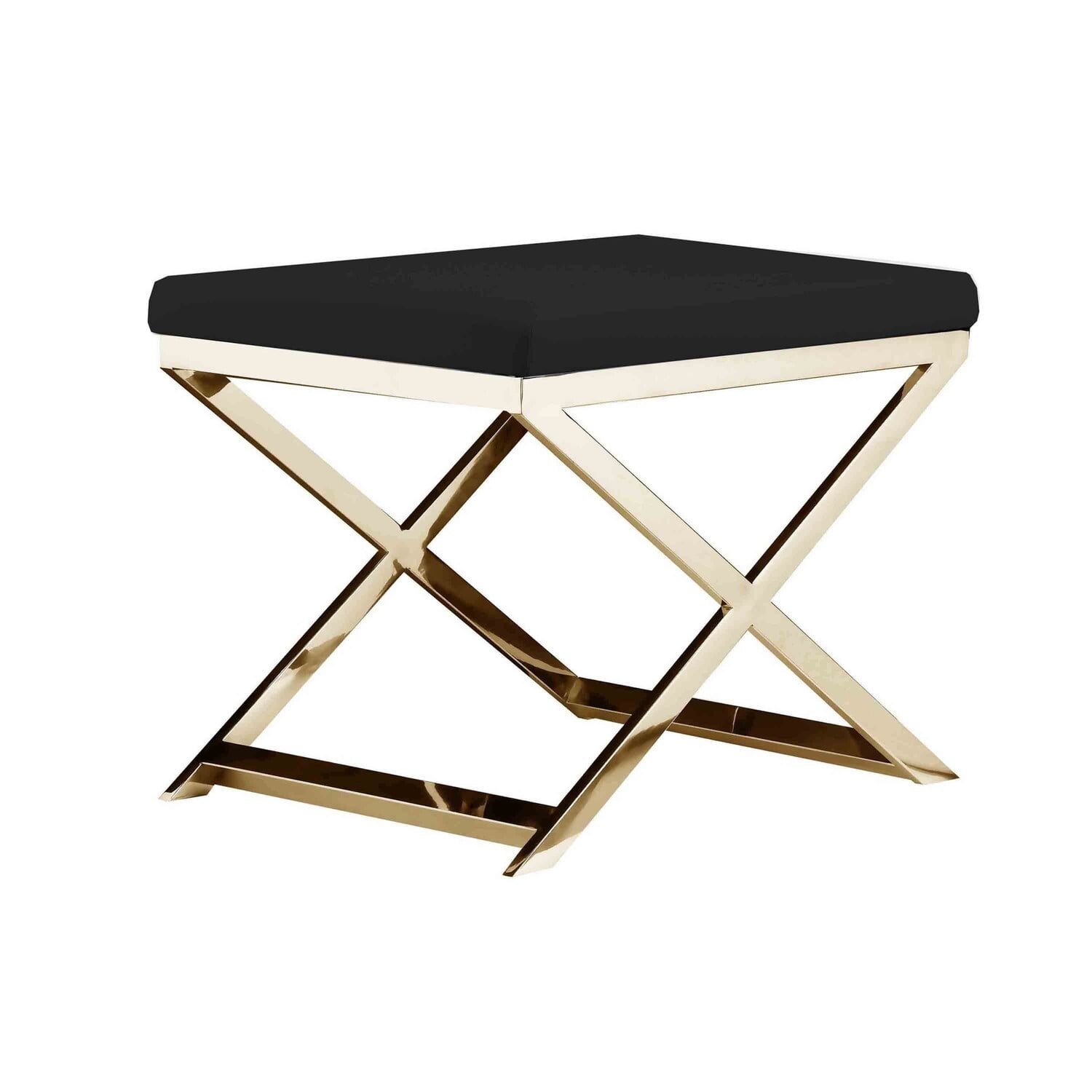 Benjara Sovi 20 Inch Ottoman Stool, Black Faux Leather, Stainless Steel Frame, Gold