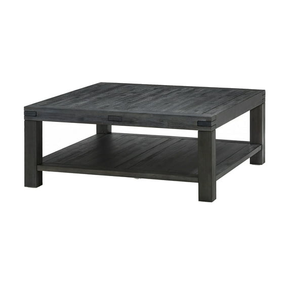 Benjara Square Coffee Table with Block Legs and 1 Open Shelf, Dark Gray