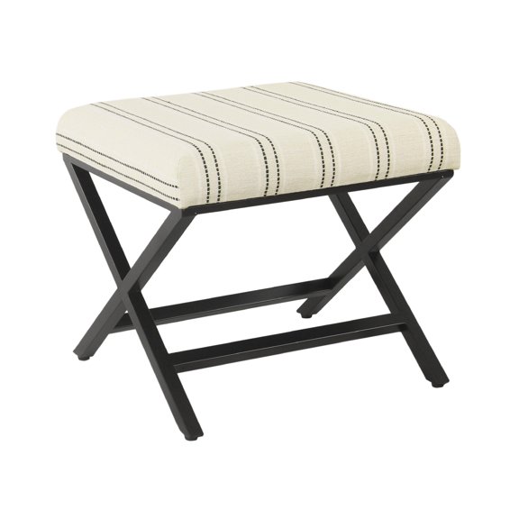 Benjara Square Ottoman Footstool- Black Metal- White Striped Polyester 20 Inch