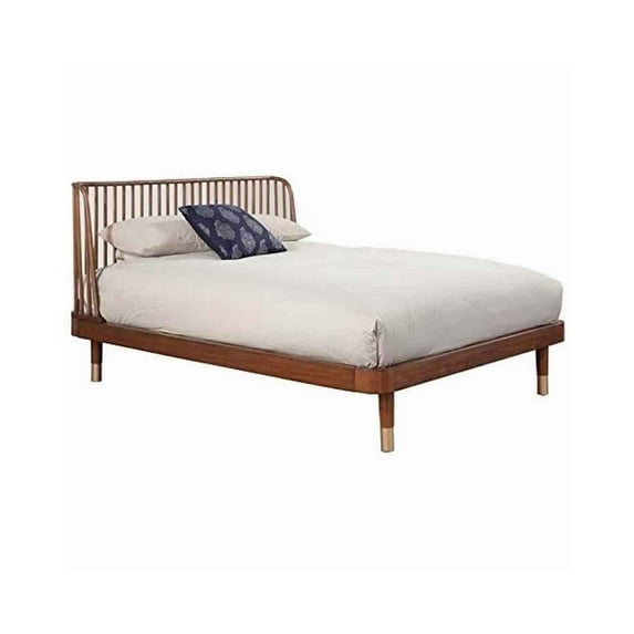 Benjara Standard King Platform Bed with Slat Back Rattan Headboard, Brown