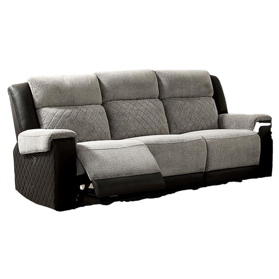 Benjara Sten 86 Inch Power Recliner Sofa, USB Port, Gray Fabric, Black Faux Leather
