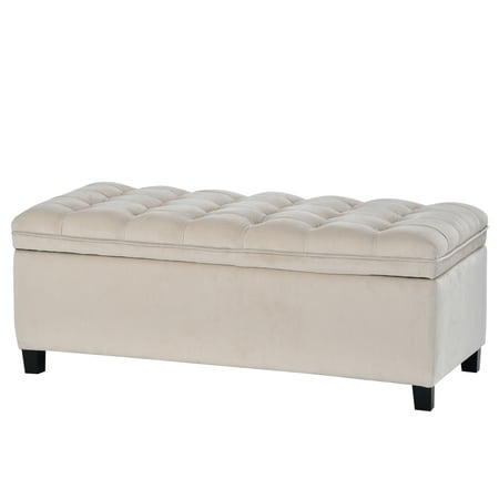 Storage Bench with Flip Button Tufted Top and Sleek Legs, Beige- Saltoro Sherpi