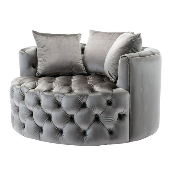 Benjara Swivel Accent Chair with Curved Back and Deep Tufting, Gray