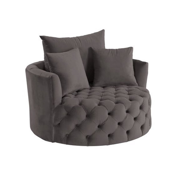Benjara Swivel Accent Chair with Curved Design and Button Tufting- Dark Gray