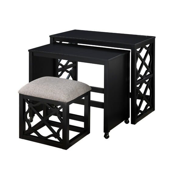 Syna 3 Piece Nesting Desk and Stool Set- Black Wood- Gray Polyester