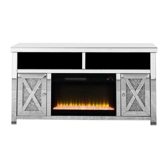 Benjara TV Stand with Electric Fireplace and Beveled Mirror Framing- Silver