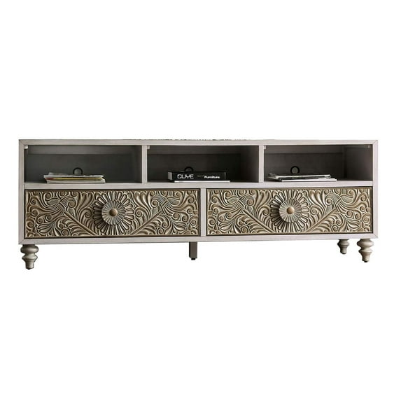 TV Stand with Polyresin Floral Design Ivory