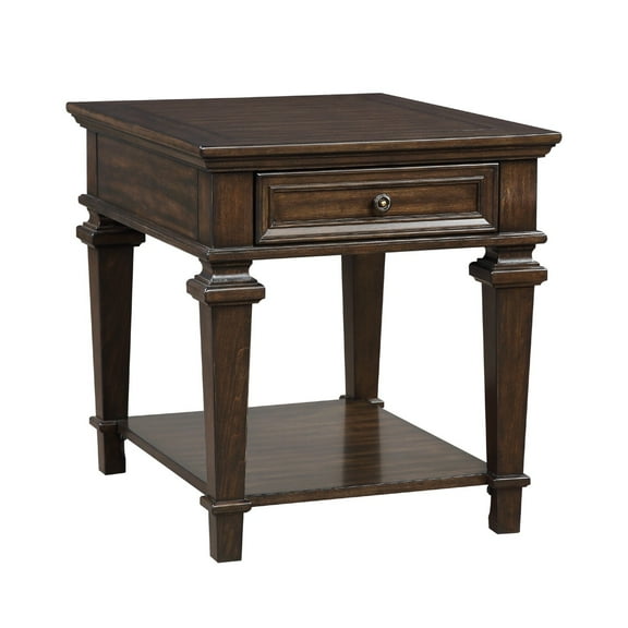 Tabby Side End Table with Drawer and Shelf- Brown Birch Wood 28 Inch