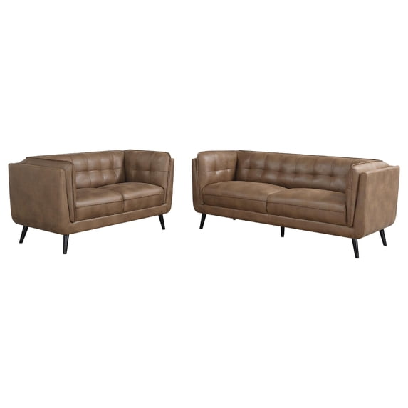 Benjara Tanny 2pc Classic Sofa and Loveseat Set, Grid Tufted Brown Faux Leather
