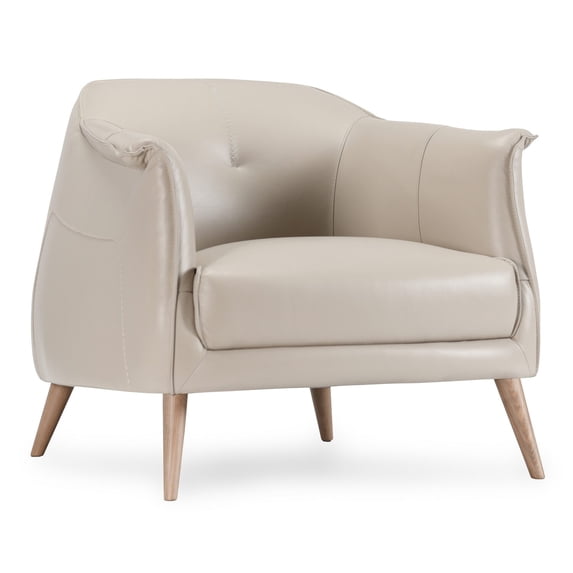 Benjara Teli 36 Inch Club Chair, Curved Cushioned Seat, Ivory Real Leather, Wood