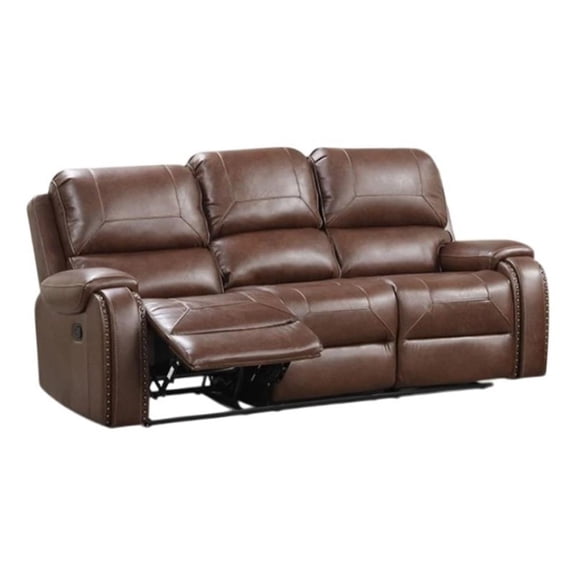 Benjara Teli Reclining Sofa w Drop Down Table & Cup Holders- Brown Faux Leather