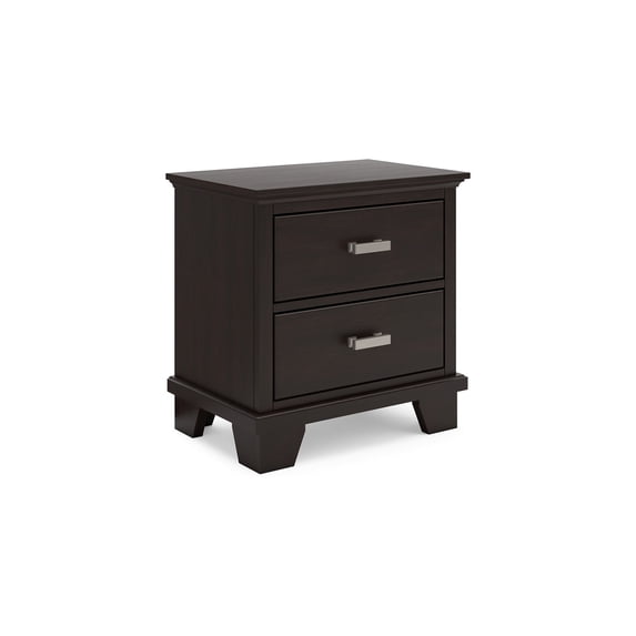 Benjara BM327965 Teno Nightstand - 2 Drawers - Nickel Handles - Dark Brown Solid Hardwood