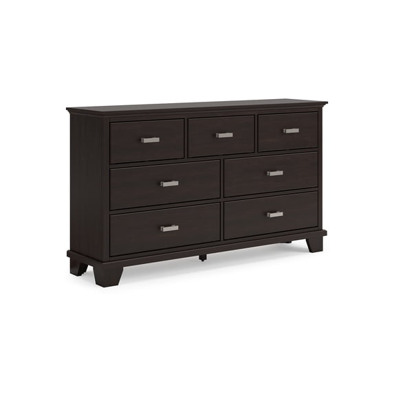 Teno Wide Dresser, 7 Drawers Nickel Handles, Dark Brown Solid Hardwood