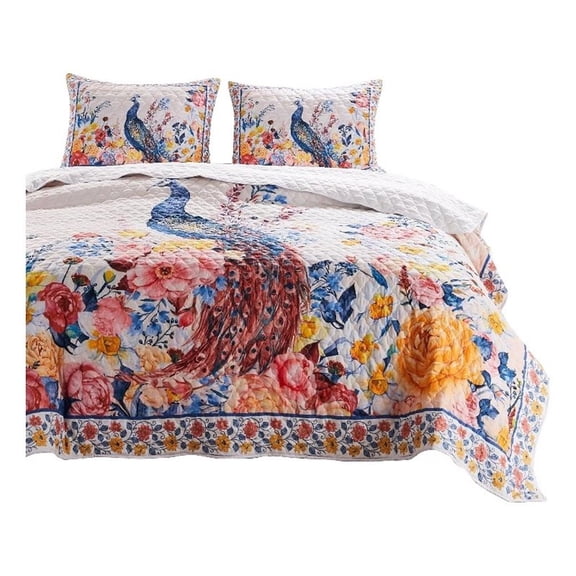 Benjara Tess Microfiber 3 Piece King Quilt Set- Peacock- Floral Print-Multicolor