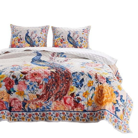 Benjara Tess Microfiber 3 Piece King Quilt Set, Peacock, Floral Print, Multicolor