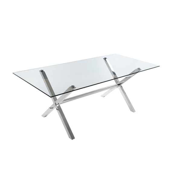 Benjara Tia 79 Inch Dining Table, Rectangular Tempered Glass Top, X Steel Legs