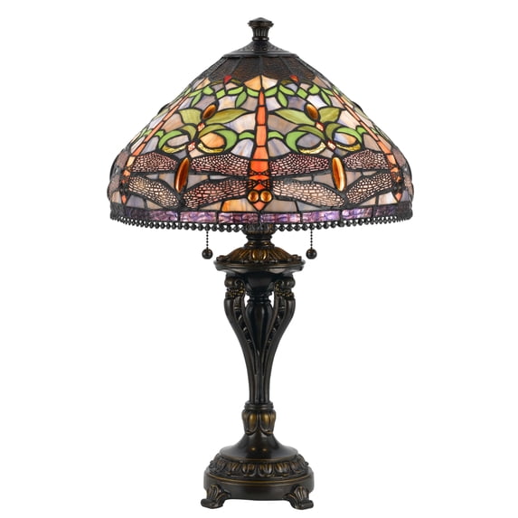 Table Lamp with Metal Body and Dragonfly Design Shade Multicolor