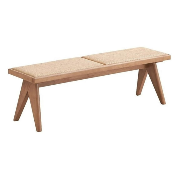 Tina 51 Inch Dining Bench - Transitional Woven Rattan - Natural Brown Wood