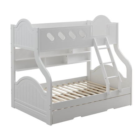 Benjara Tiya Wooden Twin Over Full Bunk Bed with Bookcase, White