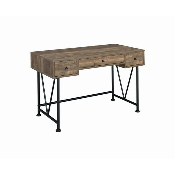 Benjara Traditional Style Wooden Writing Desk with 3 Drawers, Rustic Oak and Black