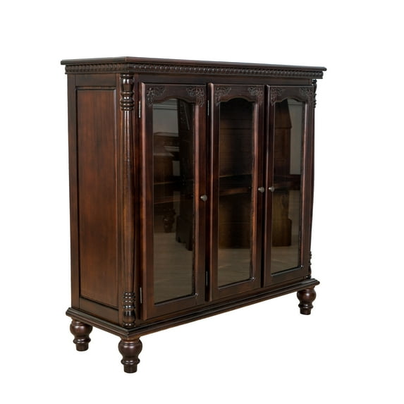 Traditional Wood and Glass Accent Cabinet with Carved Details, Brown- Saltoro Sherpi