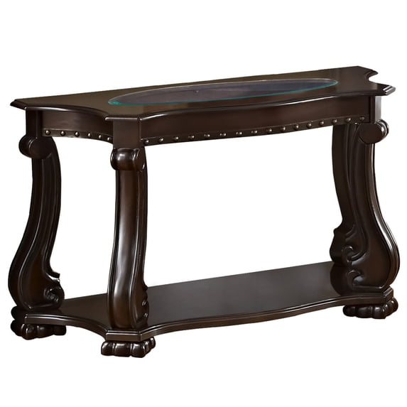Traditional Wood and Glass Sofa Table with Rivet Accents Brown