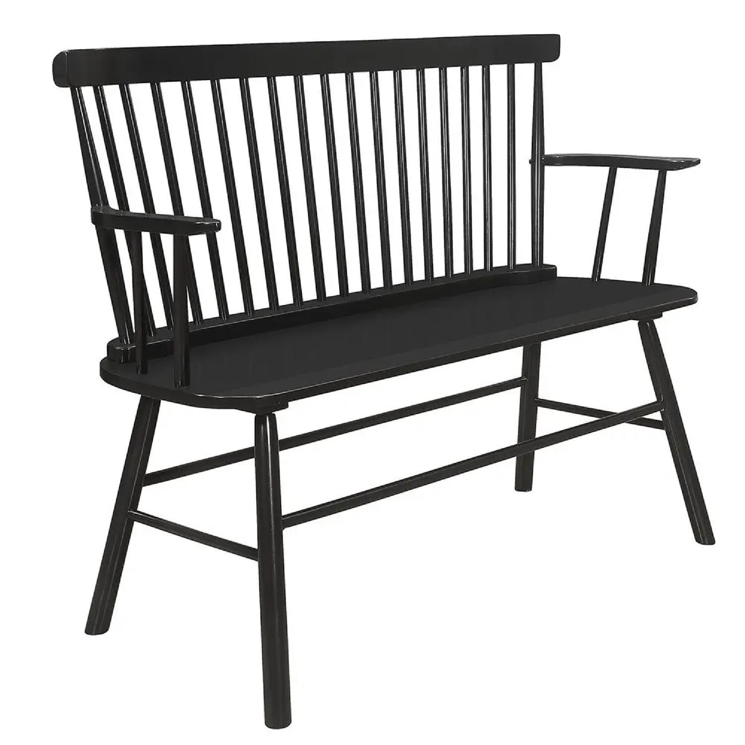 Transitional Black Wooden Spindle Back Bench with Splayed Legs