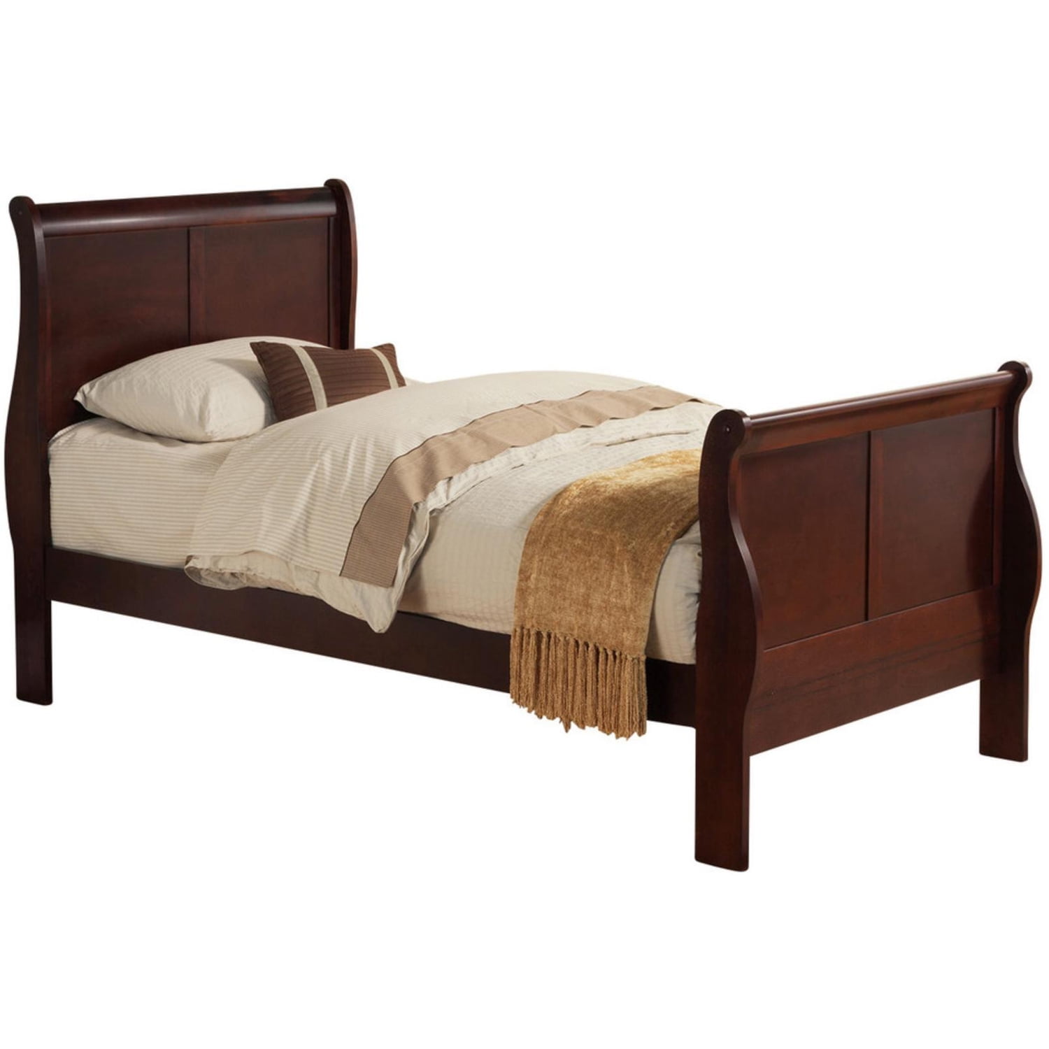 Cherry Brown King Size Sleigh Bed with Upholstered Headboard