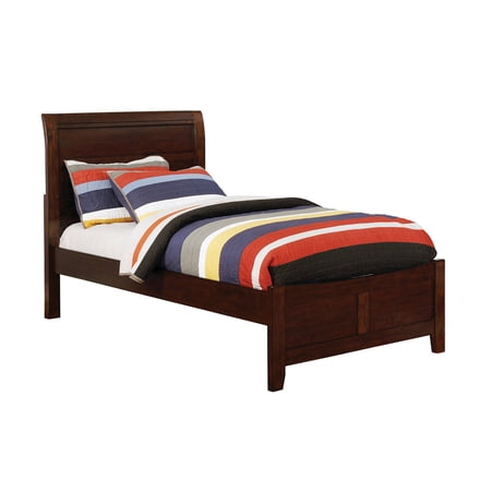 Transitional Wood Sleigh Twin Bed with Plank Style Headboard in Cherry Brown