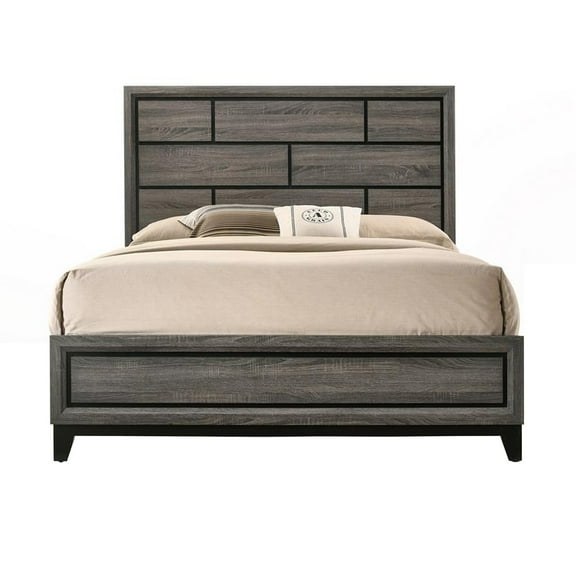 Transitional Style Wooden Queen Size Bed with Brick Elements Panel Headboard, Gray