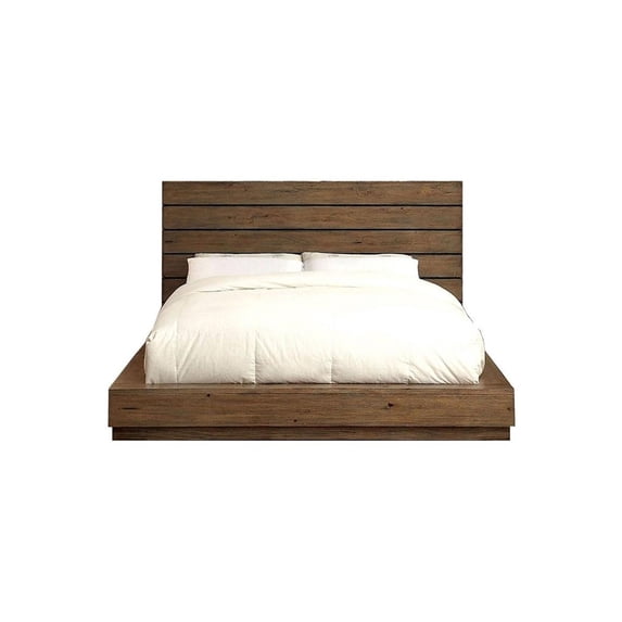 Benjara Transitional Wooden Eastern King Bed with Plank Style Headboard, Brown