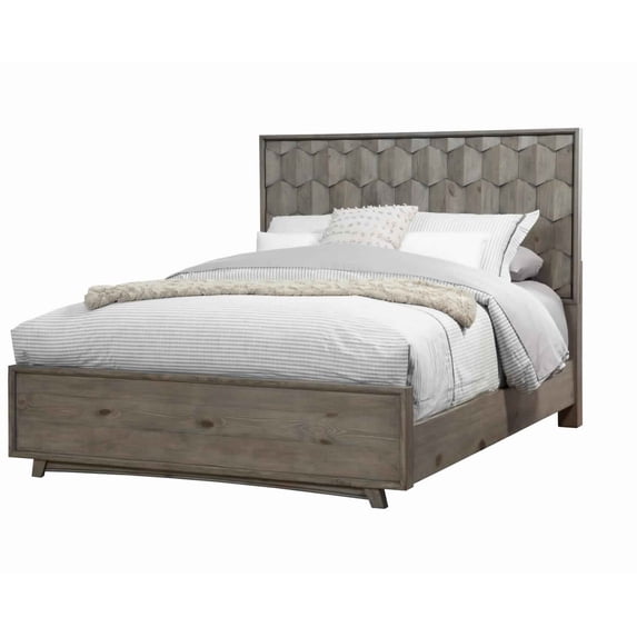 Benjara Transitional Wooden Full Panel Bed with Textured Headboard, Gray