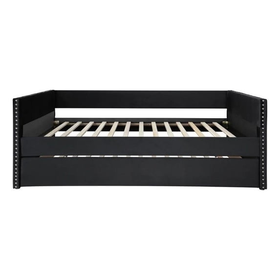 Benjara Sery Daybed w Trundle- Black Velvet Upholstery and Nailhead Trim