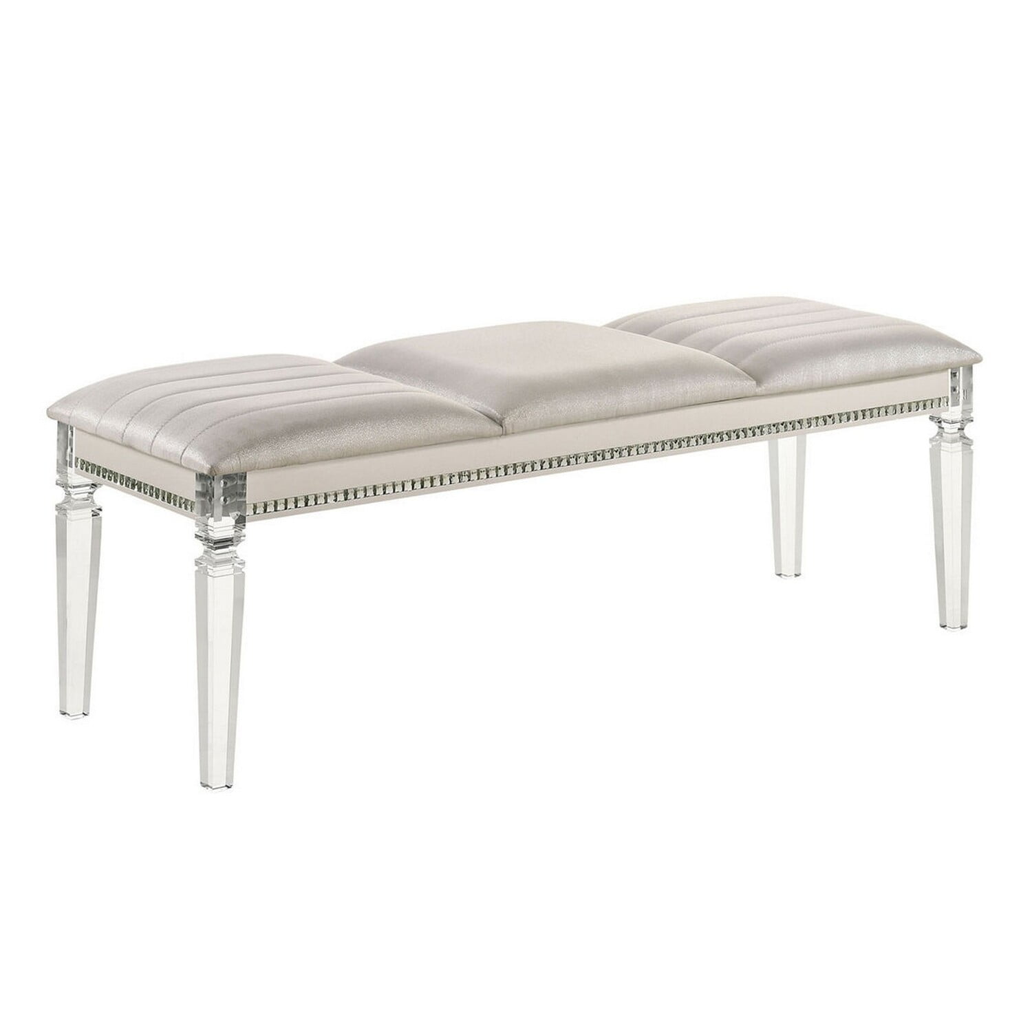 Elegant Tufted White Leatherette 54" Storage Bench with Mirror Accents
