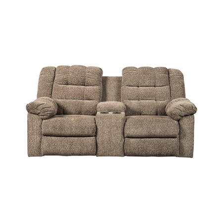 Benjara Tufted Polyester Upholstered Metal Reclining Loveseat with Console , Brown