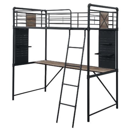 Benjara Twin Loft Bed with Metal Angled Ladder and Desk, Bronze