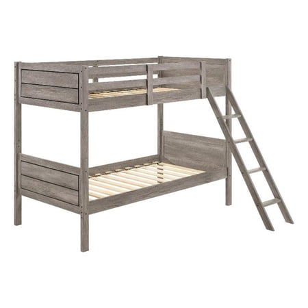 Benjara Twin Over Twin Bunk Beds-Curved Headboards-Ladder-Straight Legs-Taupe