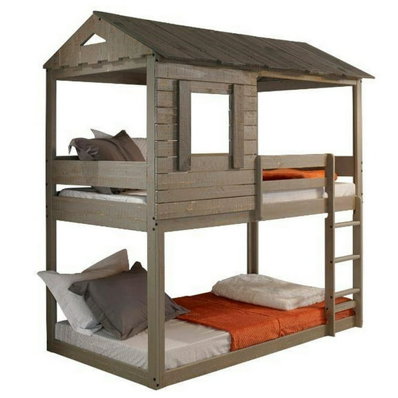 Benjaza 42.88x77" 2-Tier Transitional Wood Twin Size House Bunk Bed in Brown