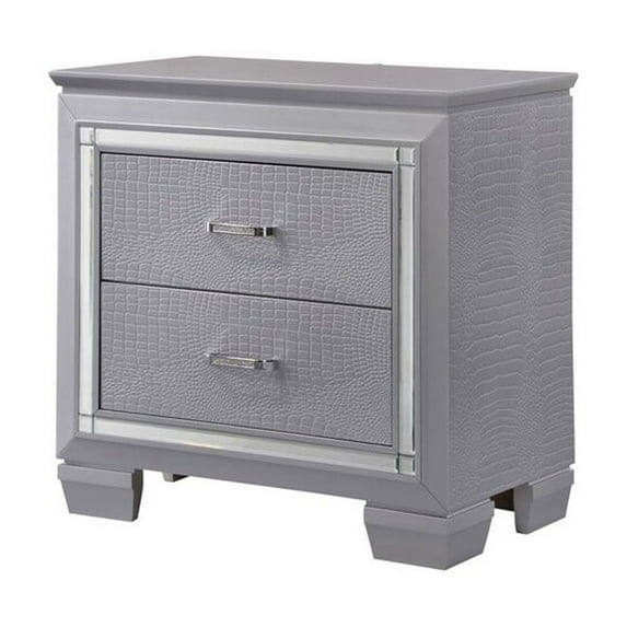 Two Drawer Wooden Nightstand with Textured Details and Mirror Accents, Gray
