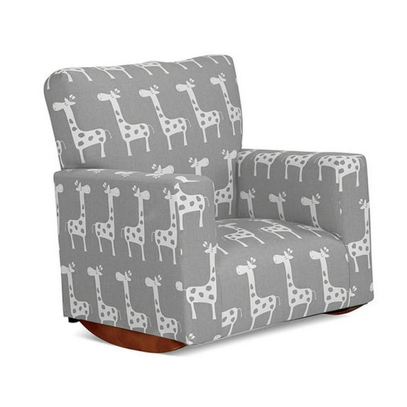 Benjara Tye 24 Inch Kids Rocking Chair, Gray, White Giraffe Print, Brown Legs