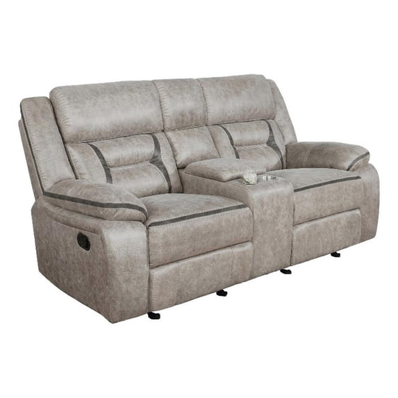 Benjara Tye 77" Glider Manual Recliner Loveseat- Gel Foam- Taupe Faux Leather